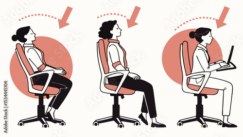 Correct and Incorrect Sitting Posture at Desk Office Chair Ergonomic Illustration Woman Working Computer Back Pain Prevention Guide