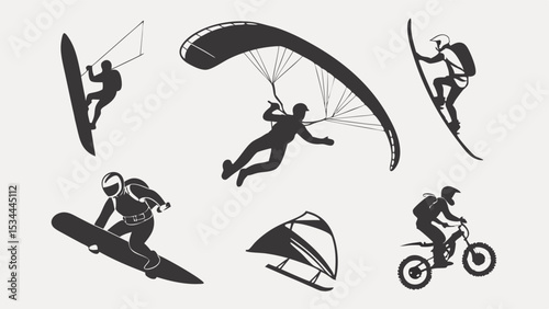 Extreme Sports Silhouettes Set of Adventure Activities Including Paragliding Windsurfing Surfing Snowboarding and Mountain Biking Icons