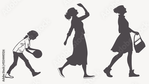 Silhouette of woman growing up from child to adult concept of stages of life evolution isolated on white background vector illustration