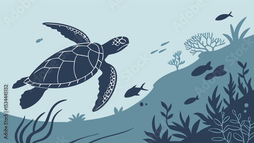 Sea turtle swimming underwater with fish and coral reef, marine life ocean wildlife illustration, aquatic animals vector background