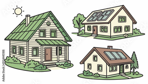 Set of cartoon houses with solar panels eco friendly green energy sustainable home illustration isolated on white background