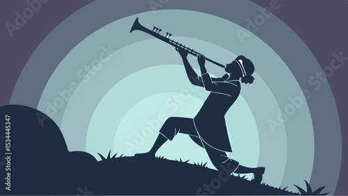 Silhouette Musician Playing Clarinet On Hill Outdoor Sound Waves Background
