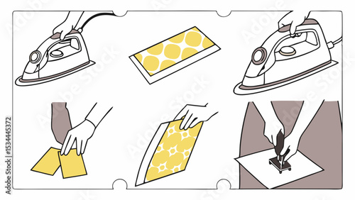 Crafting process steps with fabric, iron, and punch tool for DIY projects and handmade items