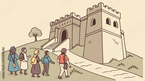 Diverse group of people walking uphill to historical castle fortress entrance exploring ancient history travel tourism.