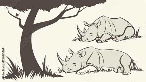 Cartoon rhinos resting under tree in savanna nature background wildlife illustration animal drawing safari concept peaceful scene