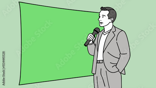 Businessman Giving Presentation with Microphone in Front of Green Screen Blank Background for Copy Space Vector Illustration
