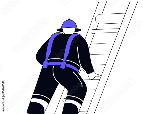 Firefighter Climbing Ladder in Turnout Gear - Rear View Rescue Action Scene with Equipment, Flat Vector Illustration Isolated White