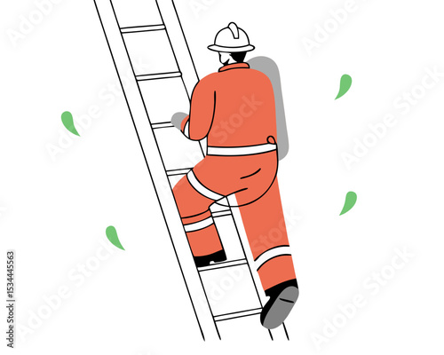 Firefighter Climbing Ladder in Turnout Gear - Rear View Rescue Action Scene with Equipment, Flat Vector Illustration Isolated White