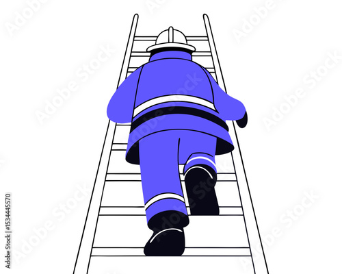 Firefighter Climbing Ladder in Turnout Gear - Rear View Rescue Action Scene with Equipment, Flat Vector Illustration Isolated White