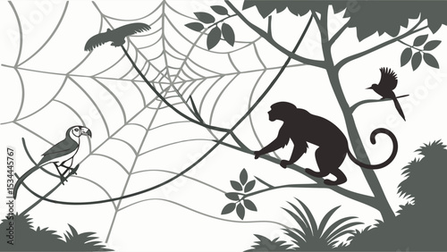 Jungle animals silhouette with monkey bird and spider web on tree branch nature wildlife forest illustration black and white