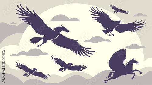 Flying fantasy creatures silhouette. Eagles and pegasus in the sky with clouds. Freedom, power, strength, mythology.