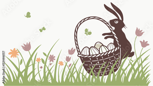 Happy Easter illustration with cute bunny, basket of eggs, spring flowers, grass, and butterflies. Holiday background.