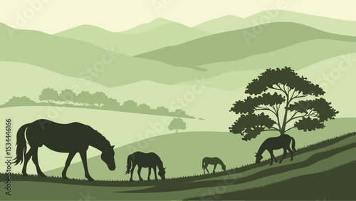 Peaceful green rural landscape with horses grazing in field, countryside scene with rolling hills and trees, nature background.