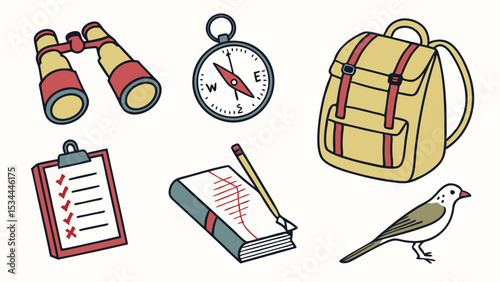 Outdoor Adventure and Birdwatching Gear Backpack Binoculars Compass Checklist Notebook Bird Essentials Flat Lay