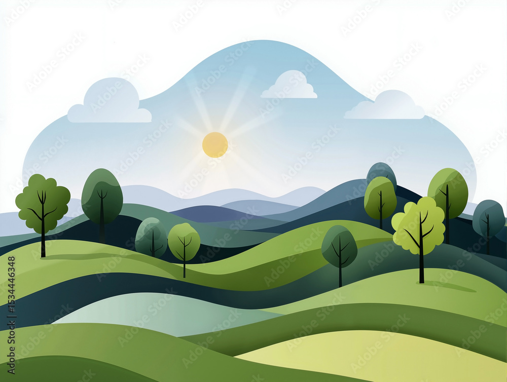 Fototapeta premium Minimalist Rolling Green Hills with Pastel Sky - Simple Summer Landscape Illustration 