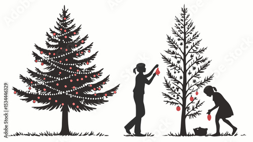 Silhouette of people decorating Christmas tree outdoors with ornaments and lights festive holiday winter season family activity illustration