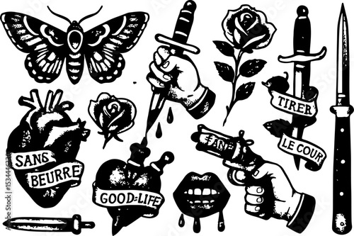 Retro Black and White Tattoo Flash Sheet (or Y2K Tattoo Flash Sheet)