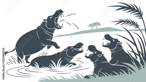 African Wild Hippos Group Yawning Roaring Water Nature Silhouette Illustration Wildlife Safari Animals Danger Power