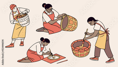 Women working on traditional handmade food and craft production process using baskets