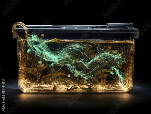 A transparent container filled with a glowing liquid, showcasing swirling patterns and small aquatic plants. The background is dark, enhancing the luminous effect.