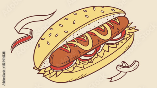 Summer BBQ hot dog illustration drawing with mustard and onions in a bun Delicious fast food snack for menu banner