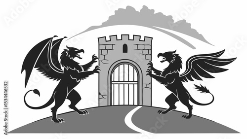 Two powerful mythical fantasy griffins guarding stone medieval castle gate entrance security protection symbol illustration