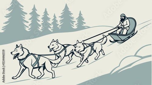 Dog Sledding with Musher and Husky Team in Snowy Winter Landscape