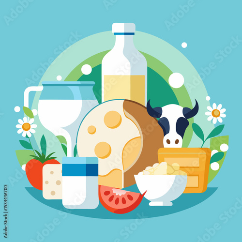 Milk Splash with Bottle, Glass and Cheese Vector on White Background