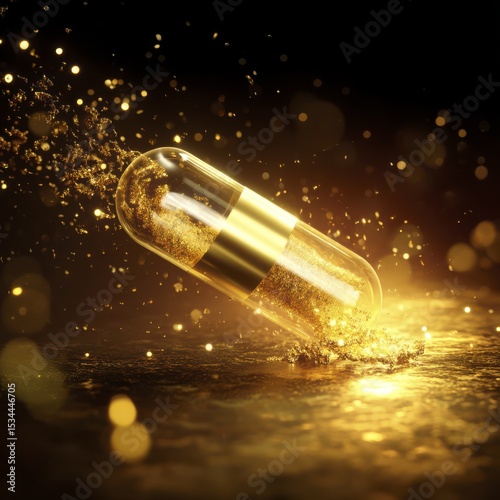 A golden capsule is splashing in liquid, surrounded by shimmering particles. The scene conveys a sense of luxury and health.