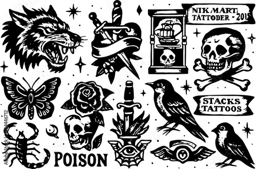 Retro Black and White Tattoo Flash Sheet (or Y2K Tattoo Flash Sheet)