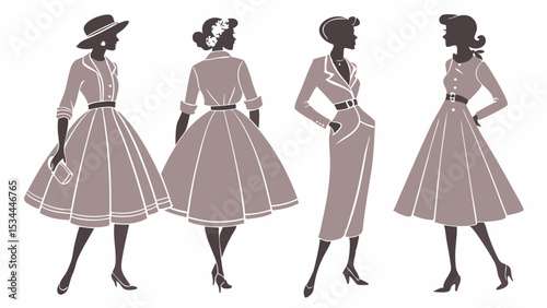 Vintage retro fashion women silhouettes elegant classic chic glamour style dresses outfits 1950s 1960s illustration design vector