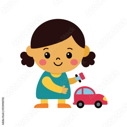 Cartoon Toddler Girl Fixing Toy Car with Tools