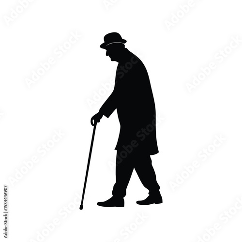 Old man with walking stick silhouette vector, elderly senior citizen profile, retirement lifestyle avatar, minimalist elder care design