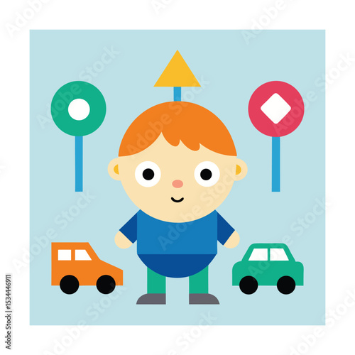 Cartoon Toddler in Toy Car Traffic Sign Scene