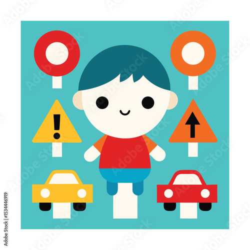 Toddler Surrounded by Toy Cars and Traffic Signs