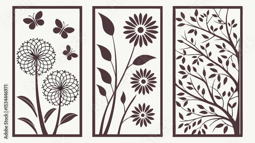 Set of Decorative Nature Pattern Panels Flowers Dandelions Butterflies Tree Branches Laser Cut Vector Silhouette