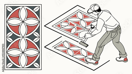Man applying decorative finish to floor with roller during home renovation DIY project