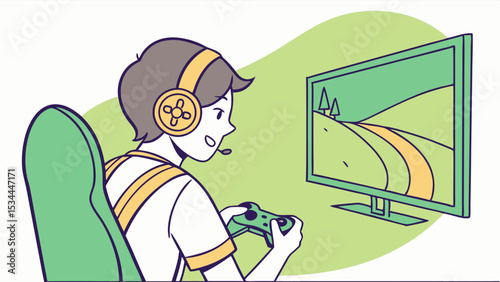 Illustration of young gamer playing video game on computer screen with controller and headphones online entertainment hobby