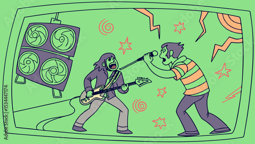 Energetic vector cartoon illustration of a live rock band concert with singer and guitarist