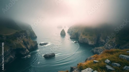 Mystical fjord shrouded in fog rugged coast