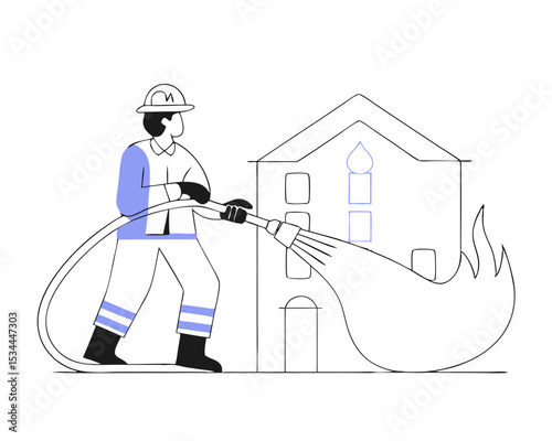 Firefighter Combating Blaze with Water Hose - Full Body Male Fireman in Turnout Gear Extinguishing Fire Flat Vector Illustration Isolated White