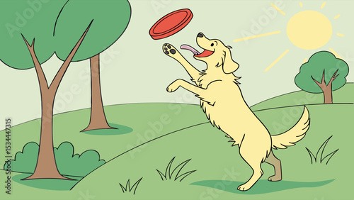 Golden Retriever Dog Jumping Catching Red Frisbee In Sunny Park Grass Outdoor Summer Fun Happy Pet Play Fetch