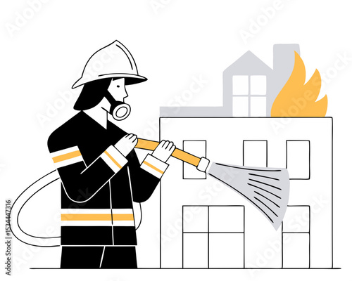 Firefighter Combating Blaze with Water Hose - Full Body Male Fireman in Turnout Gear Extinguishing Fire Flat Vector Illustration Isolated White