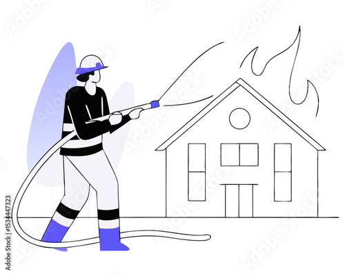 Firefighter Combating Blaze with Water Hose - Full Body Male Fireman in Turnout Gear Extinguishing Fire Flat Vector Illustration Isolated White