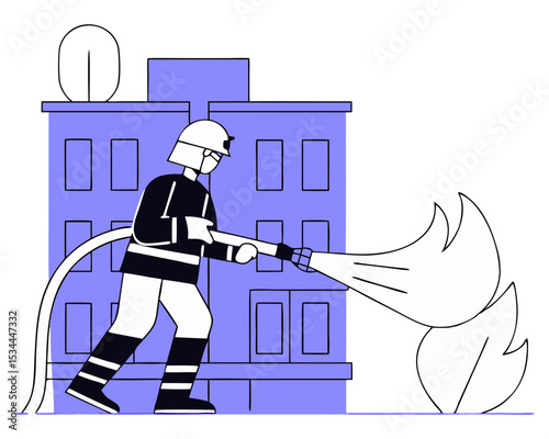 Firefighter Combating Blaze with Water Hose - Full Body Male Fireman in Turnout Gear Extinguishing Fire Flat Vector Illustration Isolated White