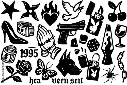Retro Black and White Tattoo Flash Sheet (or Y2K Tattoo Flash Sheet)