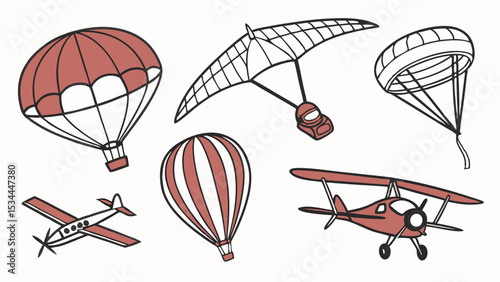 Hot air balloon, parachute, paraglider, airplanes. Set of air transport and flying vehicles icons illustration.