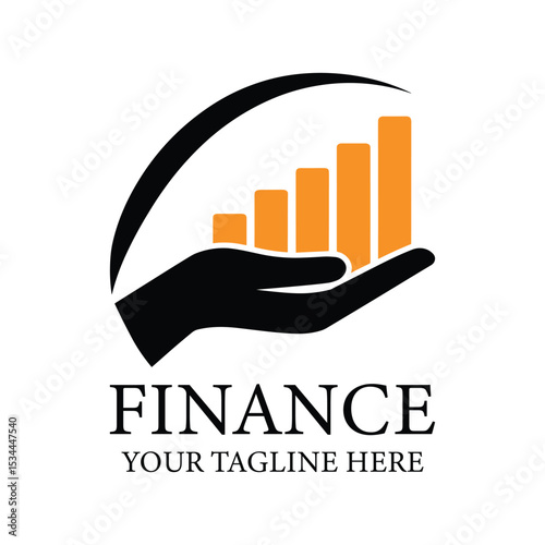 Finance Logo with Hand Holding Growth Bars and Circular Arc – Business and Investment Icon.