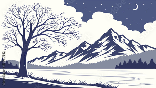 Winter Night Landscape Illustration with Mountains, Lake, Bare Tree, Moon, and Stars Vector Graphic Art Scene