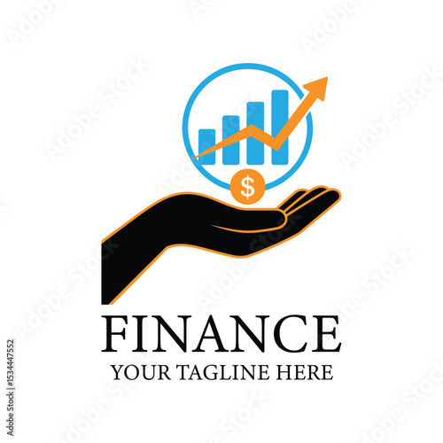 Finance Logo with Hand Holding Growth Chart, Dollar Coin and Upward Arrow – Business and Investment Icon.